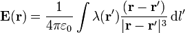 \mathbf{E}(\mathbf{r})=\frac{1}{4\pi\varepsilon_0} \int\lambda(\mathbf{r}')\frac{(\mathbf{r}-\mathbf{r}')}{|\mathbf{r}-\mathbf{r}'|^3}\,\mathrm{d}l'