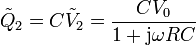 \tilde{Q}_2=C\tilde{V}_2 = \frac{CV_0}{1+\mathrm{j}\omega RC}