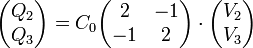 \begin{pmatrix}Q_2\\ Q_3 \end{pmatrix}=C_0\begin{pmatrix}2 & -1 \\ -1 & 2\end{pmatrix}\cdot\begin{pmatrix}V_2\\ V_3\end{pmatrix}