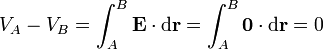 V_A-V_B = \int_A^B \mathbf{E}\cdot\mathrm{d}\mathbf{r}=\int_A^B \mathbf{0}\cdot\mathrm{d}\mathbf{r}=0