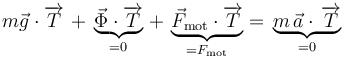 m\vec{g}\cdot\overrightarrow{T}\,+\,\underbrace{\vec{\Phi}\cdot\overrightarrow{T}}_{=0}\,+\,\underbrace{\vec{F}_{\mathrm{mot}}\cdot\overrightarrow{T}}_{=F_{\mathrm{mot}}}=\,\underbrace{m\,\vec{a}\cdot\,\overrightarrow{T}}_{=0}