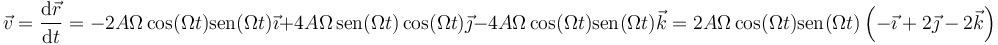 \vec{v}=\frac{\mathrm{d}\vec{r}}{\mathrm{d}t}=-2A\Omega\cos(\Omega t)\mathrm{sen}(\Omega t)\vec{\imath}+4A\Omega\,\mathrm{sen}(\Omega t)\cos(\Omega t)\vec{\jmath}-4A\Omega\cos(\Omega t)\mathrm{sen}(\Omega t)\vec{k}=2A\Omega\cos(\Omega t)\mathrm{sen}(\Omega t)\left(-\vec{\imath}+2\vec{\jmath}-2\vec{k}\right)