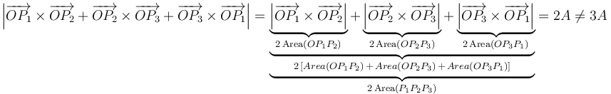 \left|\overrightarrow{OP_1}\times\overrightarrow{OP_2}+\overrightarrow{OP_2}\times\overrightarrow{OP_3}+\overrightarrow{OP_3}\times\overrightarrow{OP_1}\right|=\underbrace{\underbrace{\underbrace{\left|\overrightarrow{OP_1}\times\overrightarrow{OP_2}\right|}_{2\,\mathrm{Area}(OP_1P_2)}+\underbrace{\left|\overrightarrow{OP_2}\times\overrightarrow{OP_3}\right|}_{2\,\mathrm{Area}(OP_2P_3)}+\underbrace{\left|\overrightarrow{OP_3}\times\overrightarrow{OP_1}\right|}_{2\,\mathrm{Area}(OP_3P_1)}}_{2\,[Area(OP_1P_2)\,+\,Area(OP_2P_3)\,+\,Area(OP_3P_1)]}}_{2\,\mathrm{Area}(P_1P_2P_3)}=2A\neq 3A