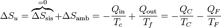 \Delta S_u=\overbrace{\Delta S_\mathrm{sis}}^{=0}+\Delta S_\mathrm{amb}=-\frac{Q_\mathrm{in}}{T_c}+\frac{Q_\mathrm{out}}{T_f}=-\frac{Q_C}{T_C}-\frac{Q_F}{T_F}