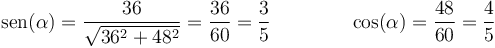 \mathrm{sen}(\alpha)=\frac{36}{\sqrt{36^2+48^2}}=\frac{36}{60}=\frac{3}{5}\qquad\qquad \cos(\alpha) = \frac{48}{60}=\frac{4}{5}