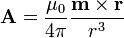 \mathbf{A}=\frac{\mu_0}{4\pi} \frac{\mathbf{m}\times\mathbf{r}}{r^3}