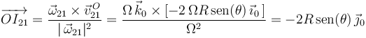 
\overrightarrow{OI_{21}}=\frac{\vec{\omega}_{21}\times\vec{v}^{\, O}_{21}}{|\,\vec{\omega}_{21}|^{2}}=\frac{\Omega\,\vec{k}_0\times[-2\,\Omega R\,\mathrm{sen}(\theta)\,\vec{\imath}_0\,]}{\Omega^2}=-2R\,\mathrm{sen}(\theta)\,\vec{\jmath}_{0}
