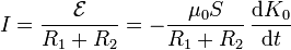 I=\frac{\mathcal{E}}{R_1+R_2}=-\frac{\mu_0S}{R_1+R_2}\,\frac{\mathrm{d}K_0}{\mathrm{d}t}