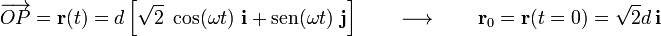 \displaystyle\overrightarrow{OP}=\mathbf{r} (t)=d \left[\sqrt{2}\ \cos (\omega t)\ \mathbf{i}+\mathrm{sen} (\omega t)\ \mathbf{j}\right]\qquad\longrightarrow\qquad\mathbf{r}_0=\mathbf{r}(t=0)=\sqrt{2}d\ \mathbf{i}