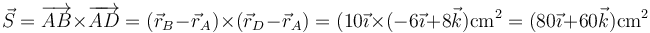 \vec{S}=\overrightarrow{AB}\times\overrightarrow{AD}=(\vec{r}_B-\vec{r}_A)\times(\vec{r}_D-\vec{r}_A) = (10\vec{\imath} \times(-6\vec{\imath}+8\vec{k}) \mathrm{cm}^2=(80\vec{\imath}+60\vec{k})\mathrm{cm}^2