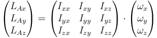 \begin{pmatrix}L_{Ax}\\ L_{Ay}\\ L_{Az}\end{pmatrix}=\begin{pmatrix}I_{xx} & I_{xy} & I_{xz} \\ I_{yx} & I_{yy} & I_{yz} \\ I_{zx} & I_{zy} & I_{zz} \end{pmatrix}\cdot\begin{pmatrix}\omega_{x}\\ \omega_{y}\\ \omega_{z}\end{pmatrix}