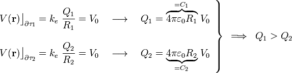 \left.\begin{array}{l}\displaystyle V(\mathbf{r})\big\rfloor_{\partial\tau_1}=k_e\ \frac{Q_1}{R_1}=V_0\quad\longrightarrow\quad Q_1=\overbrace{4\pi\varepsilon_0R_1}^{=C_1}\!\ V_0\\ \\
\displaystyle V(\mathbf{r})\big\rfloor_{\partial\tau_2}=k_e\ \frac{Q_2}{R_2}=V_0\quad\longrightarrow\quad Q_2=\underbrace{4\pi\varepsilon_0R_2}_{=C_2}\!\ V_0\end{array}\right\}\;\,\Longrightarrow\;\;Q_1>Q_2
