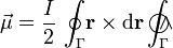 \vec{\mu}=\frac{I}{2}\!\ \oint_\Gamma\!\mathbf{r}\times\mathrm{d}\mathbf{r}\int_\Gamma\!\!\!\!\!\!\!\bigcirc\!\!\!\wedge \!