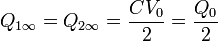 Q_{1\infty}=Q_{2\infty}=\frac{CV_0}{2}=\frac{Q_0}{2}