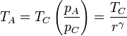 T_A = T_C\left(\frac{p_A}{p_C}\right)=\frac{T_C}{r^\gamma}