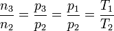 \frac{n_3}{n_2}=\frac{p_3}{p_2}=\frac{p_1}{p_2} = \frac{T_1}{T_2}