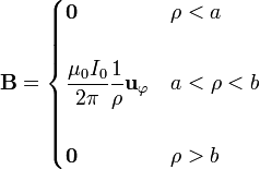 \mathbf{B}=\begin{cases}\mathbf{0} & \rho<a\\ & \\
\displaystyle \frac{\mu_0 I_0}{2\pi}\frac{1}{\rho}\mathbf{u}_{\varphi} & a<\rho<b \\ & \\
\mathbf{0} & \rho>b\end{cases}