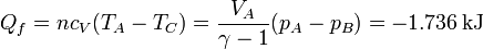 Q_f =n c_V(T_A-T_C) = \frac{V_A}{\gamma-1}(p_A-p_B)=-1.736\,\mathrm{kJ}