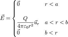 \vec{E}=\begin{cases} \vec{0} & r < a \\ & \\ \displaystyle\frac{Q}{4\pi\varepsilon_0 r^2}\vec{u}_r & a < r < b \\ \vec{0} & b < r  \end{cases}