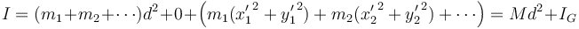 I = (m_1+m_2+\cdots)d^2 + 0 + \left(m_1({x'_1}^2 +{y'_1}^2)+m_2({x'_2}^2 +{y'_2}^2)+\cdots\right) = Md^2 + I_G