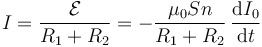 I=\frac{\mathcal{E}}{R_1+R_2}=-\frac{\mu_0Sn}{R_1+R_2}\,\frac{\mathrm{d}I_0}{\mathrm{d}t}