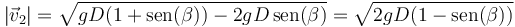 |\vec{v}_2|=\sqrt{gD(1+\mathrm{sen}(\beta))-2gD\,\mathrm{sen}(\beta)}=\sqrt{2gD(1-\mathrm{sen}(\beta))}