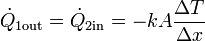 \dot{Q}_{1\mathrm{out}}= \dot{Q}_{2\mathrm{in}}=-kA\frac{\Delta T}{\Delta x}