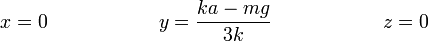 
  \left.
  \begin{array}{ccccc}
    x=0&\qquad\qquad& y= \dfrac{ka-mg}{3k}&\qquad\qquad&z=0
  \end{array}
  \right.
