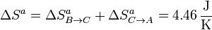 \Delta S^a=\Delta S^a_{B\to C}+\Delta S^a_{C\to A} = 4.46\,\frac{\mathrm{J}}{\mathrm{K}}