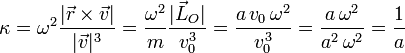 
\kappa = \omega^2\dfrac{|\vec{r}\times\vec{v}|}{|\vec{v}|^3}
=
\dfrac{\omega^2}{m} \dfrac{|\vec{L}_O|}{v_0^3}
=
\dfrac{a\,v_0\,\omega^2}{v_0^3} = 
\dfrac{a\,\omega^2}{a^2\,\omega^2}
=
\dfrac{1}{a}
