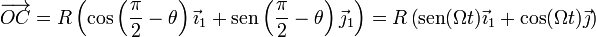 \overrightarrow{OC}=R\left(\cos\left(\frac{\pi}{2}-\theta\right)\vec{\imath}_1+\mathrm{sen}\left(\frac{\pi}{2}-\theta\right)\vec{\jmath}_1\right)=R\left(\mathrm{sen}(\Omega t)\vec{\imath}_1+\cos(\Omega t)\vec{\jmath}\right)