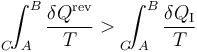 \int_{A\!\!\!\!\!\!\!\!\!\!\!\!\!C^{\,,}}^B\frac{\delta Q^\mathrm{rev}}{T} >\ \int_{A\!\!\!\!\!\!\!\!\!\!\!\!C}^B\frac{\delta Q_\mathrm{I}}{T}