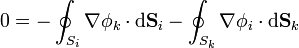 0=-\oint_{S_i}\nabla\phi_k\cdot\mathrm{d}\mathbf{S}_i-\oint_{S_k}\nabla\phi_i\cdot\mathrm{d}\mathbf{S}_k