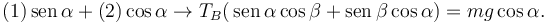 
(1)\,\mathrm{sen}\,\alpha + (2)\cos\alpha 
\to
T_B(\,\mathrm{sen}\,\alpha\cos\beta + \mathrm{sen}\,\beta\cos\alpha) = mg\cos\alpha.
