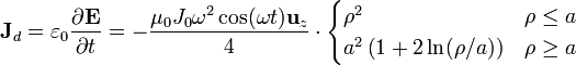 \mathbf{J}_d = \varepsilon_0\frac{\partial\mathbf{E}}{\partial t} =
-\frac{\mu_0J_0\omega^2\cos(\omega t)\mathbf{u}_z}{4}\cdot\begin{cases} \rho^2 & \rho \leq a \\
a^2\left(1+2\ln(\rho/a)\right) & \rho\geq a\end{cases}