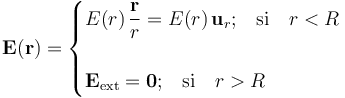 \mathbf{E}(\mathbf{r})=\begin{cases}\displaystyle E(r)\!\ \frac{\mathbf{r}}{r}=E(r)\!\ \mathbf{u}_r\mathrm{;} \quad \mathrm{si}\quad r<R\\ \\ \mathbf{E}_\mathrm{ext}=\mathbf{0}\mathrm{;} \quad \mathrm{si}\quad r>R\end{cases} 