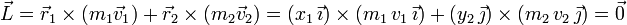 
\vec{L} = \vec{r}_1\times(m_1\vec{v}_1) + \vec{r}_2\times(m_2\vec{v}_2)=
(x_1\,\vec{\imath})\times(m_1\,v_1\,\vec{\imath})+
(y_2\,\vec{\jmath})\times(m_2\,v_2\,\vec{\jmath})=\vec{0}
