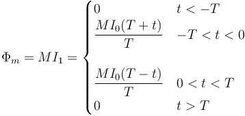 \Phi_m = MI_1 = \begin{cases} 0 & t < -T \\ 
\dfrac{MI_0(T+t)}{T} & -T < t < 0 \\ & \\ \dfrac{MI_0(T-t)}{T} & 0 < t < T\\ 0 & t > T\end{cases}