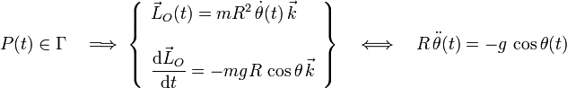 P(t)\in\Gamma \quad \Longrightarrow\;\left\{\begin{array}{l}\vec{L}_O(t)=mR^2\!\ \dot{\theta}(t)\!\ \vec{k}\\ \\ \displaystyle
\frac{\mathrm{d}\vec{L}_O}{\mathrm{d}t}=-mgR\!\ \cos\theta\!\ \vec{k}
\end{array}\right\}\quad\Longleftrightarrow\quad R\!\ \ddot{\theta}(t)= -g\!\ \cos\theta(t) 