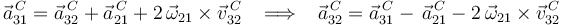 
\vec{a}^{\, C}_{31}=\vec{a}^{\, C}_{32}+\vec{a}^{\, C}_{21}+2\,\vec{\omega}_{21}\times\vec{v}^{\, C}_{32}\,\,\,\,\,\Longrightarrow\,\,\,\,\,\vec{a}^{\, C}_{32}=\vec{a}^{\, C}_{31}-\,\vec{a}^{\, C}_{21}-2\,\vec{\omega}_{21}\times\vec{v}^{\, C}_{32}
