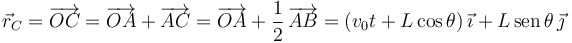 \vec{r}_C = \overrightarrow{OC} = \overrightarrow{OA} + \overrightarrow{AC} = \overrightarrow{OA} + \dfrac{1}{2}\,\overrightarrow{AB} =
(v_0t + L\cos\theta)\,\vec{\imath} + L\,\mathrm{sen}\,\theta\,\vec{\jmath}