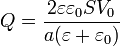 Q=\frac{2\varepsilon{}\varepsilon_0 SV_0}{a(\varepsilon{}+\varepsilon_0)}