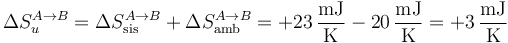 
\Delta S_u^{A\to B}=\Delta S_\mathrm{sis}^{A\to B}+\Delta S_\mathrm{amb}^{A\to B}=+23\,\frac{\mathrm{mJ}}{\mathrm{K}}-20\,\frac{\mathrm{mJ}}{\mathrm{K}}=+3\,\frac{\mathrm{mJ}}{\mathrm{K}}