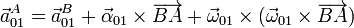 \vec{a}^A_{01} = \vec{a}^B_{01}+\vec{\alpha}_{01}\times\overrightarrow{BA} + \vec{\omega}_{01}\times(\vec{\omega}_{01}\times\overrightarrow{BA})