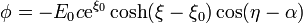 \phi= -E_0c\mathrm{e}^{\xi_0}\cosh(\xi-\xi_0)\cos(\eta-\alpha)