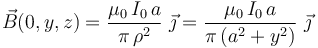 \vec{B}(0,y,z)=\frac{\mu_0\!\ I_0\!\ a}{\pi\!\ \rho^2}\ \vec{\jmath}=\frac{\mu_0\!\ I_0\!\ a}{\pi\!\ (a^2+y^2)}\ \vec{\jmath}