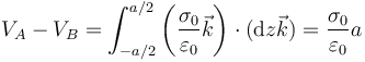 V_A-V_B = \int_{-a/2}^{a/2}\left(\frac{\sigma_0}{\varepsilon_0}\vec{k}\right)\cdot(\mathrm{d}z\vec{k})=\frac{\sigma_0}{\varepsilon_0}a