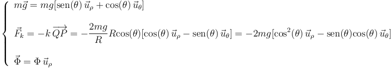 
\left\{\begin{array}{l} m\vec{g}=−mg[\mathrm{sen}(\theta)\,\vec{u}_{\rho}+\mathrm{cos}(\theta)\,\vec{u}_{\theta}] \\ \\ \vec{F}_k=-k\,\overrightarrow{QP}=-\displaystyle\frac{2mg}{R}R\mathrm{cos}(\theta)[\mathrm{cos}(\theta)\,\vec{u}_{\rho}-\mathrm{sen}(\theta)\,\vec{u}_{\theta}]=-2mg[\mathrm{cos}^2(\theta)\,\vec{u}_{\rho}-\mathrm{sen}(\theta)\mathrm{cos}(\theta)\,\vec{u}_{\theta}] \\ \\ \vec{\Phi}=\Phi\,\vec{u}_{\rho} \end{array}\right.
