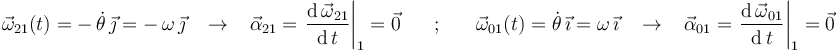 
\vec{\omega}_{21}(t)=-\,\dot{\theta}\,\vec{\jmath}=-\,\omega\,\vec{\jmath}
\,\,\,\,\,\rightarrow\,\,\,\,\,\vec{\alpha}_{21}=
\left.\frac{\mathrm{d}\,\vec{\omega}_{21}}{\mathrm{d}\,t}\right|_1=\vec{0}
\,\,\,\,\,\,\,\,\,\,;\,\,\,\,\,\,\,\,\,\,
\vec{\omega}_{01}(t)=\dot{\theta}\,\vec{\imath}=\omega\,\vec{\imath}
\,\,\,\,\,\rightarrow\,\,\,\,\,\vec{\alpha}_{01}=
\left.\frac{\mathrm{d}\,\vec{\omega}_{01}}{\mathrm{d}\,t}\right|_1=\vec{0}
