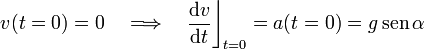 v(t=0)=0\quad\Longrightarrow\quad \frac{\mathrm{d}v}{\mathrm{d}t}\bigg\rfloor_{t=0}=a(t=0)=g\,\mathrm{sen}\,\alpha